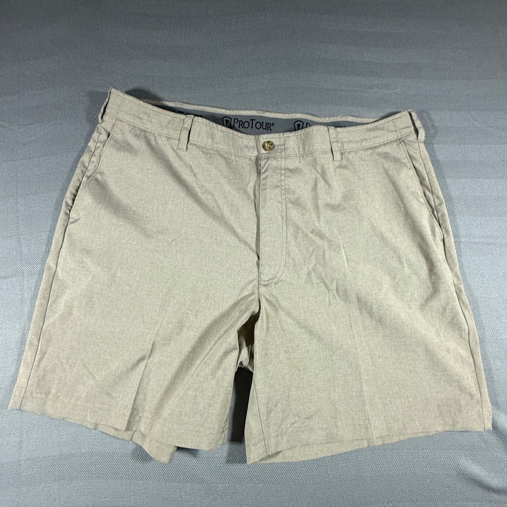 ProTour Mens Golf Shorts Sz 40 Tan Heathered Performance Stretch Flat Front 2545